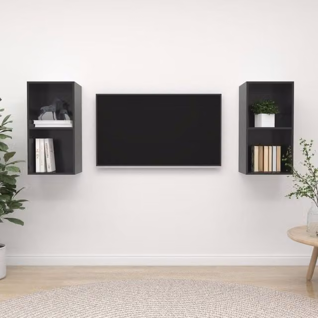 Berkfield Home Set of 2 Wall-mounted High Gloss Grey TV Cabinets in Engineered Wood