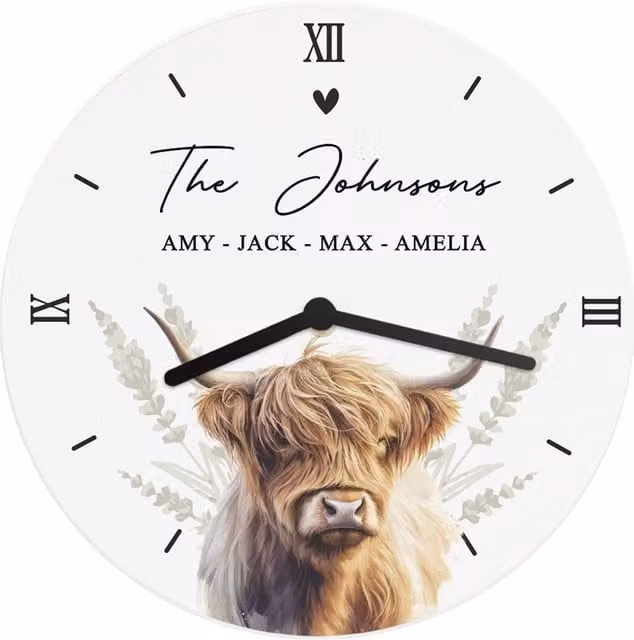 Personalised Memento Company Personalised Highland Cow Round Wooden Wall Clock in White