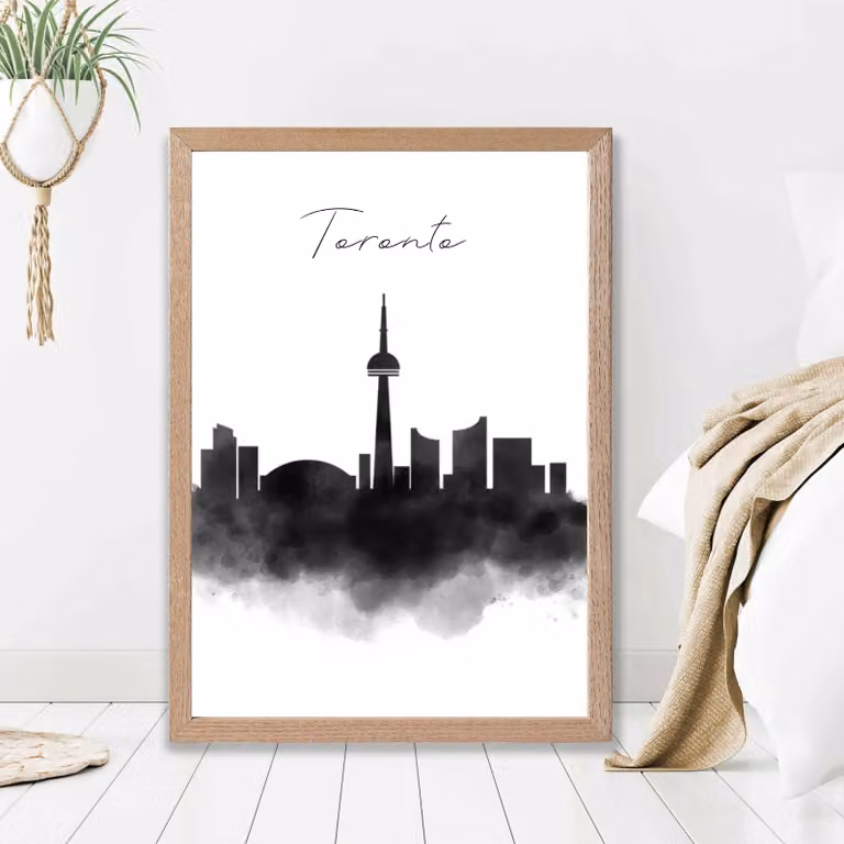 ARTZE Toronto Watercolour Skyline City Framed Print in Black with Oak Frame