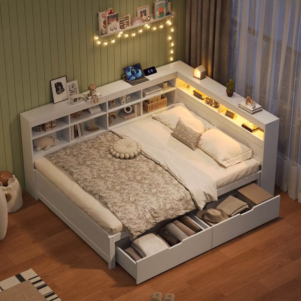 BTM White Solid Wood Double Daybed with Storage Drawers, LED Under-Bed Lighting and USB Charging Ports, W/D/H: 140 x 200 x 162 cm – 2