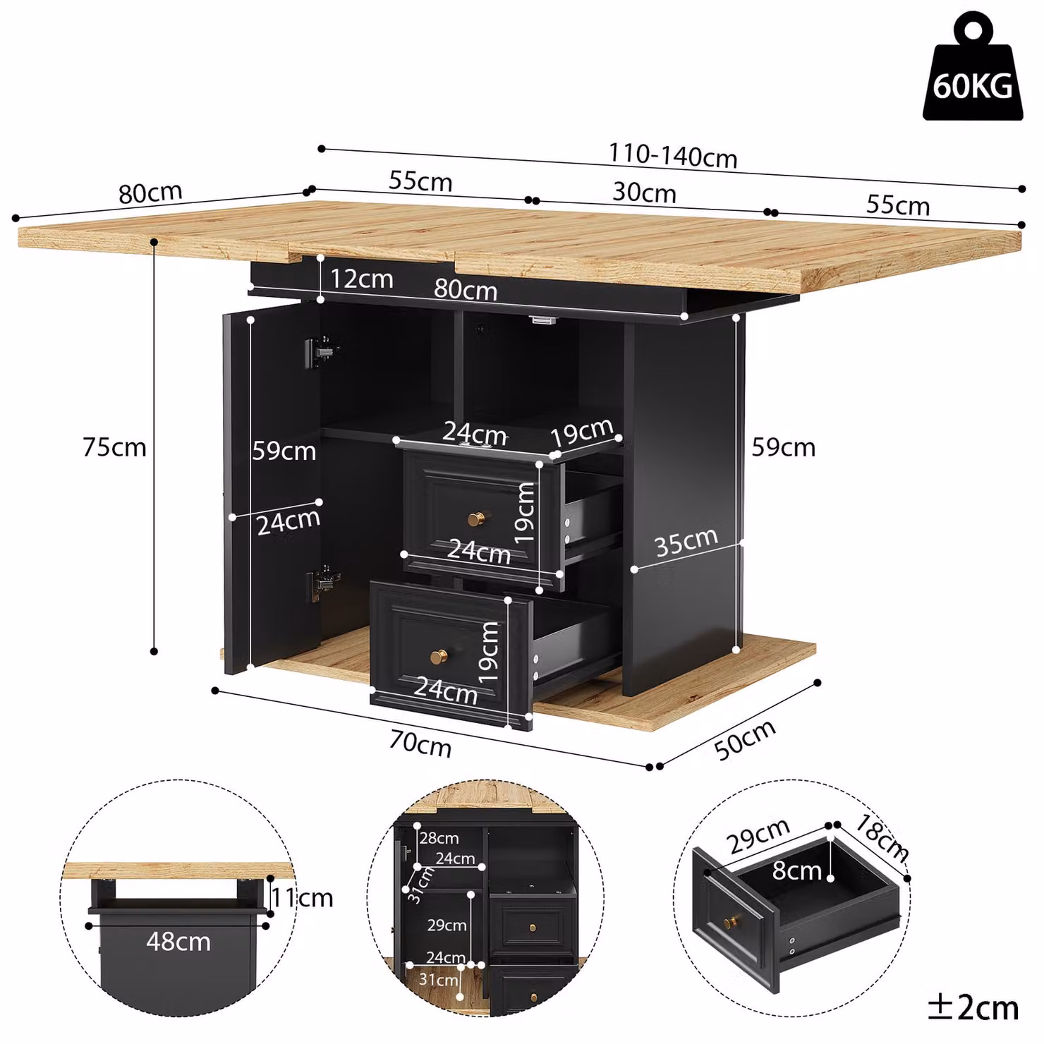 Aosom UK Black Concealed Telescopic Kitchen Table with High-Density MDF Tabletop and Leg Storage, W: 80 cm, D: 110 cm, H: 75 cm – 3