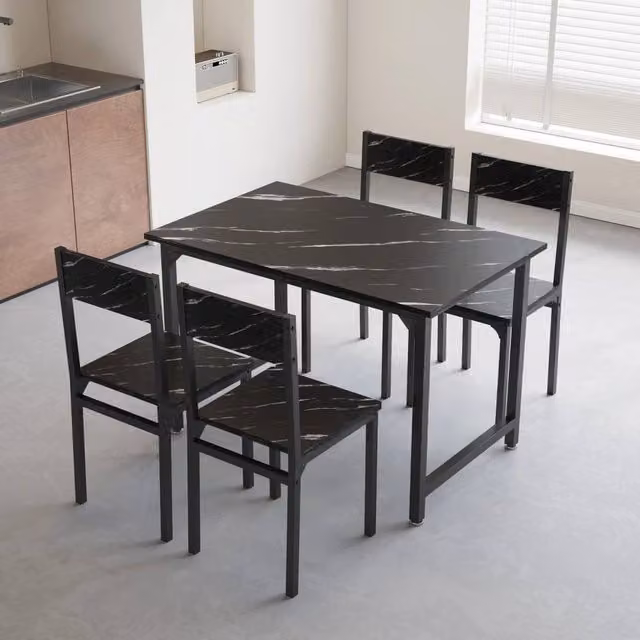 VOGREX 5-Piece Modern Black Marble Effect MDF Dining Set with Metal Frame Table and Chairs