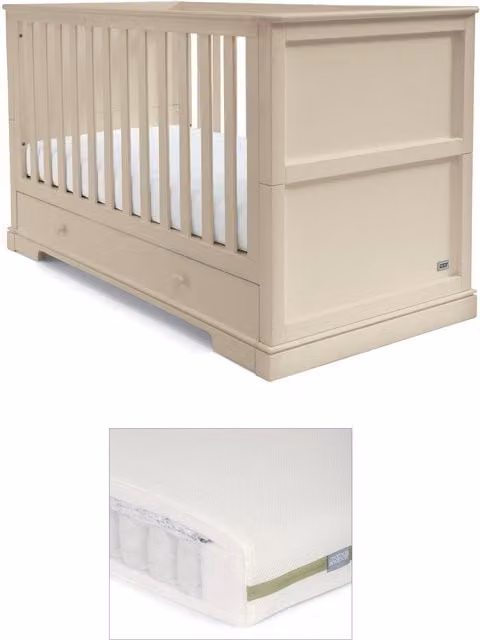 Mamas & Papas Oxford Cotbed with Premium Pocket Spring Mattress in Beige