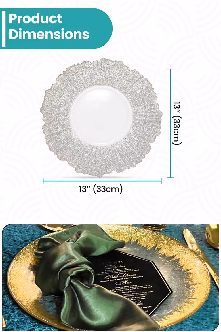 Neel Blue Set of 6 Peacock Design Glass Charger Plates in Blue and Metallic Silver, Diameter: 33 cm