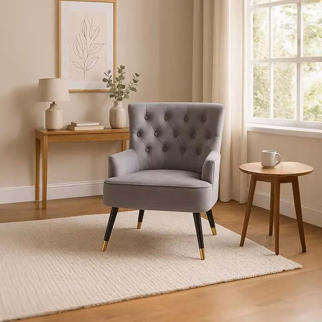Orsina Modern Velvet Upholstered Chair with Metal Frame in Grey, Black and Gold