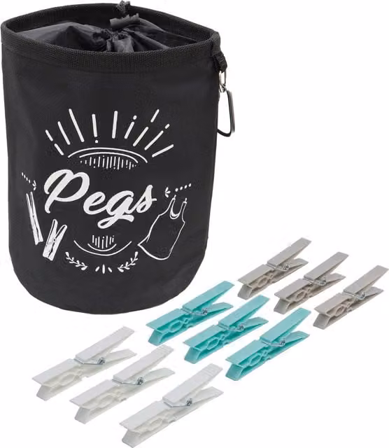 JVL Large Peg Bag with 72 Strong Plastic Pegs in Black