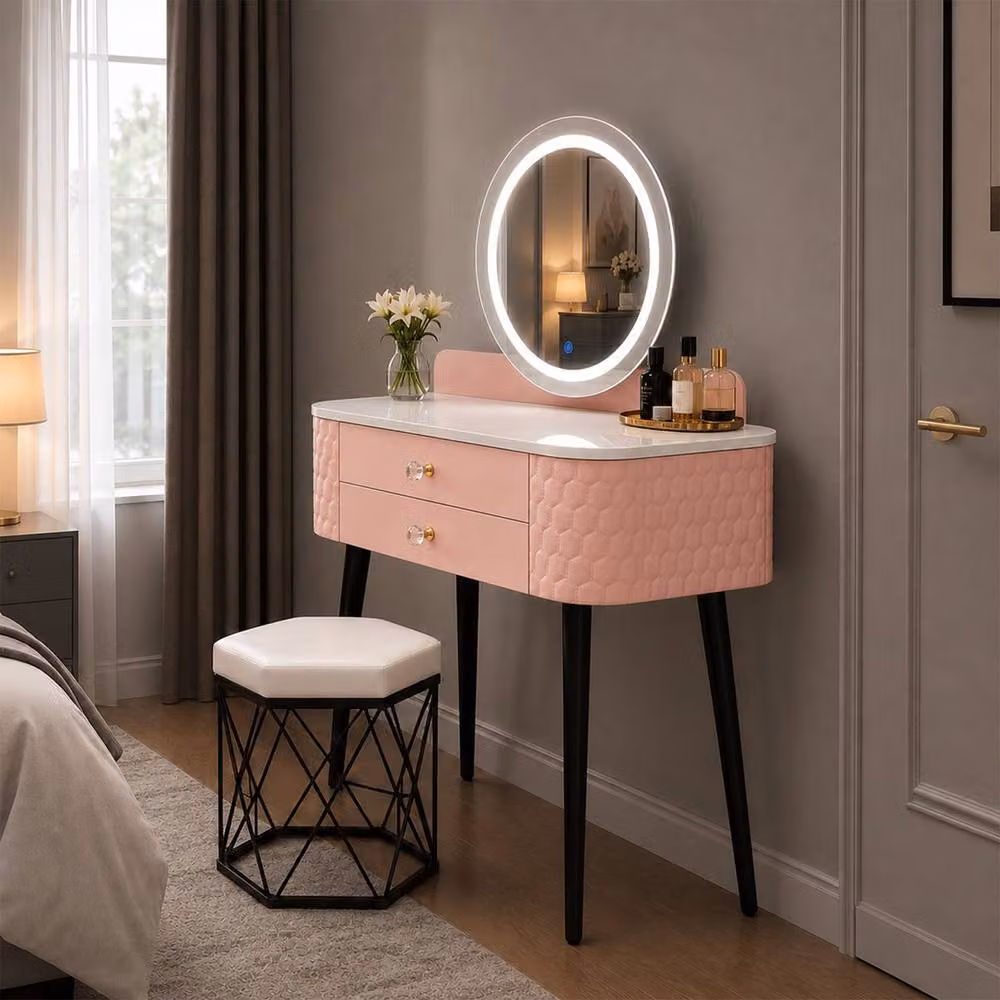 MN Furniture Modern Dressing Table with LED Mirror and Storage Drawer, Pink, W: 60 cm, D: 40 cm, H: 127 cm – 2