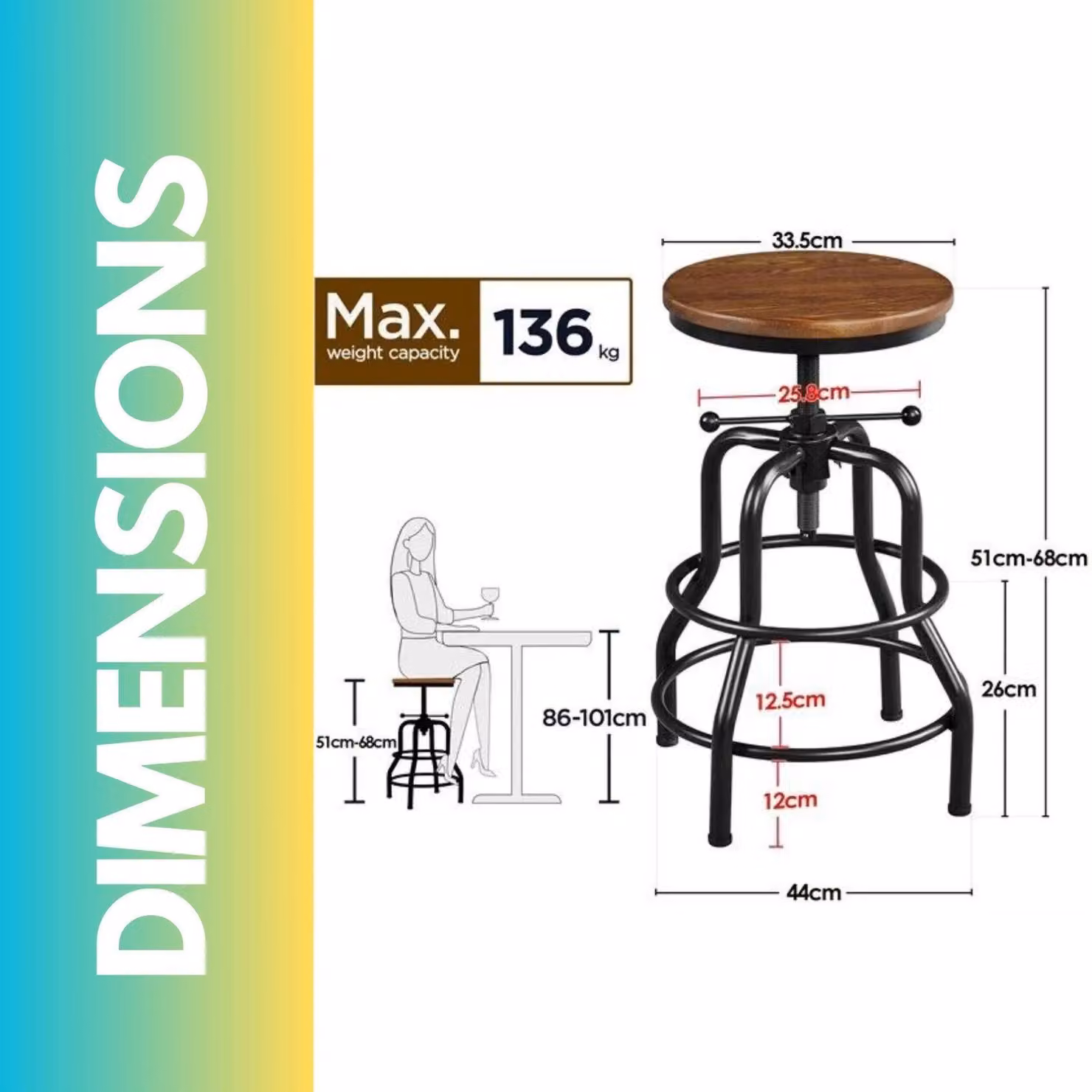 FURNOS Industrial Adjustable Height Retro Bar Stool in Brown with Wood Frame – 3
