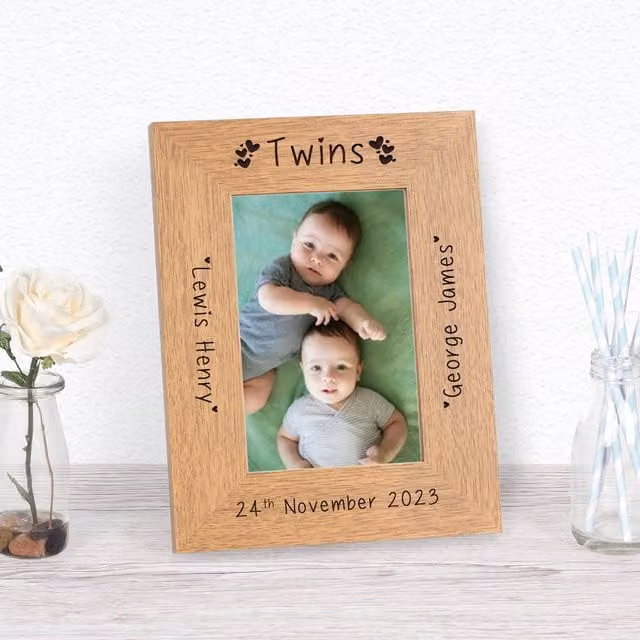 Uniqueful Personalised New Baby Twins Wood Picture Frame, Brown, 7 x 5 in