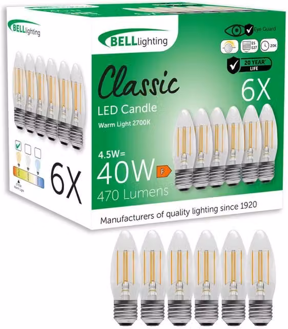 British Light Works E27 Dimmable LED Filament Candle Light Bulbs, 4.5W, 2700K Warm White, Pack of 6