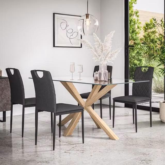 More4Homes Etta Glass Dining Table Set with Solid Oak Legs, Grey and Transparent, 4 Seater