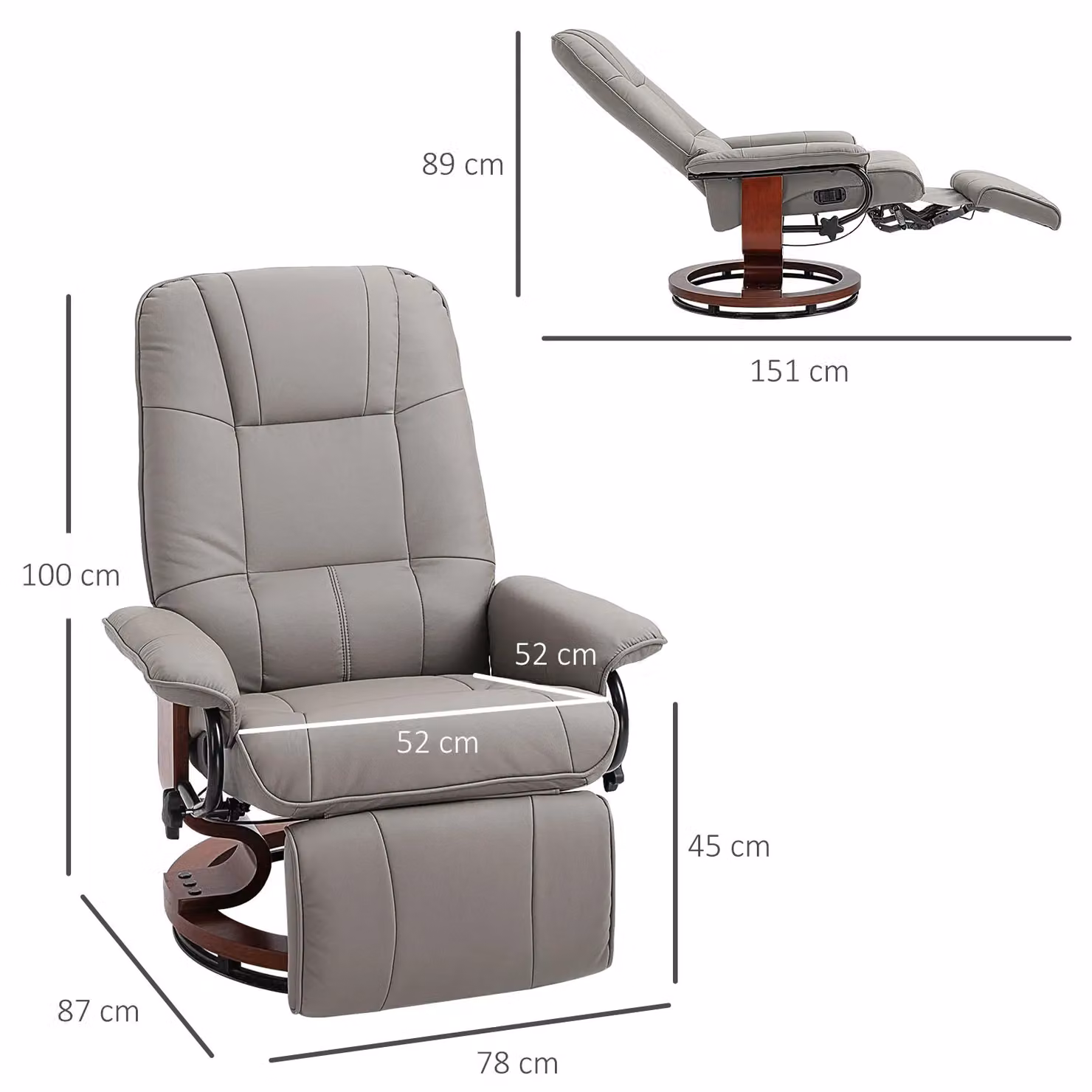 HOMCOM Ergonomic PU Leather Recliner Sofa Chair in Grey with 360 Degree Swivel and Armrests – 3