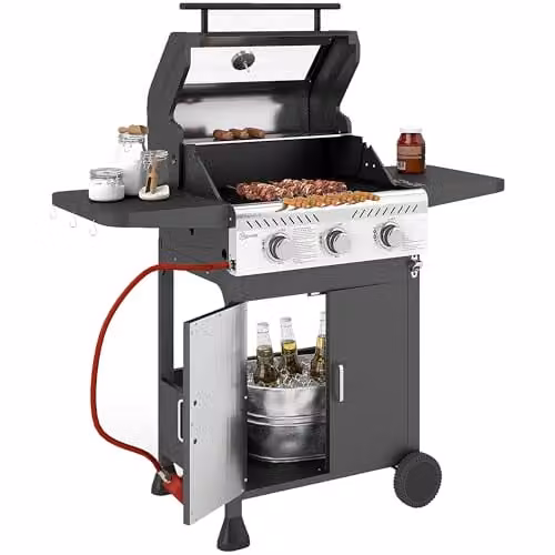 Outsunny 3 Burner Propane Gas BBQ Grill with Thermometer and Warming Rack, Black – 1