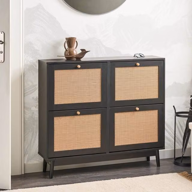 Wyld and Coco Boho Black Shoe Storage Cabinet with Rattan Wood Tilting Compartments – 1