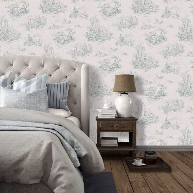YoL Toile De Jouy Wallpaper in Green with Traditional Country Landscape and Floral Design