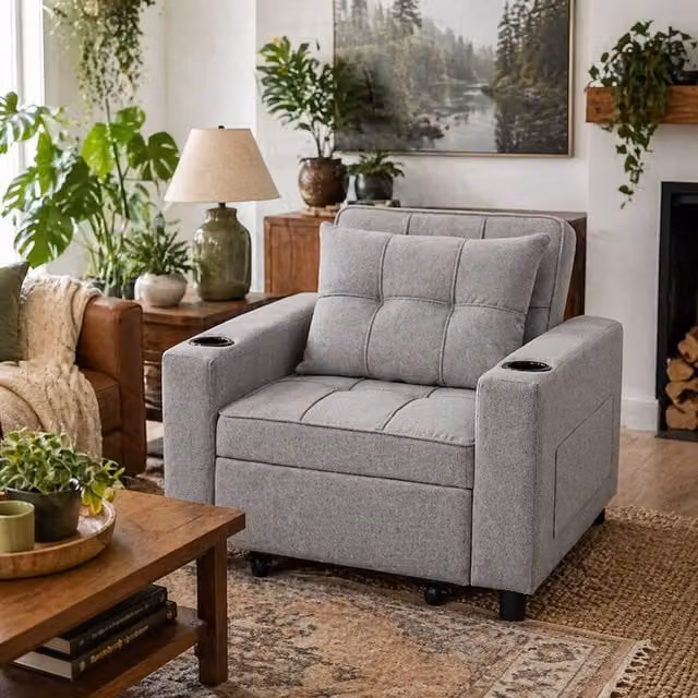 Wyld Haus Soliri 3 in 1 Convertible Single Sofa Bed in Light Grey with Tufted Cushion – 1