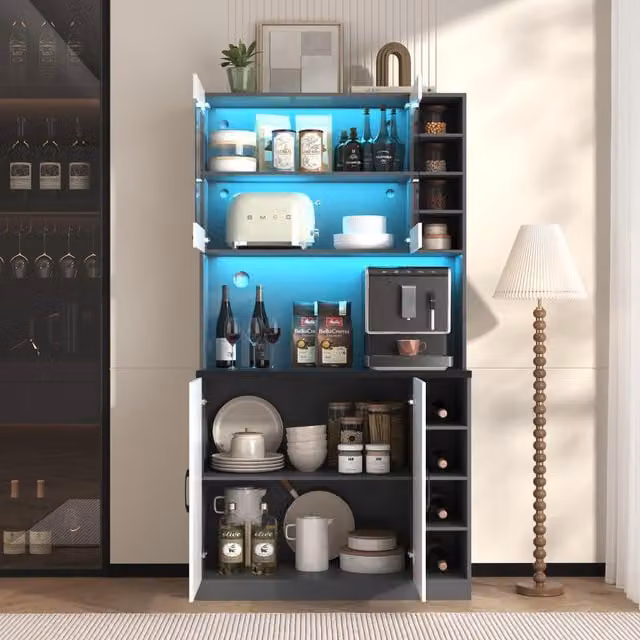 Aosom UK Tall Kitchen Cupboard with LED Lighting and Glass Doors, White and Grey, W: 47 cm, D: 47 cm, H: 187 cm