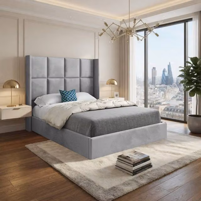 KDMD Stambourne Winged Upholstered Designer Bed Frame in Grey Soft Velvet, Size: Single (W: 90 cm, D: 200 cm, H: 137 cm)