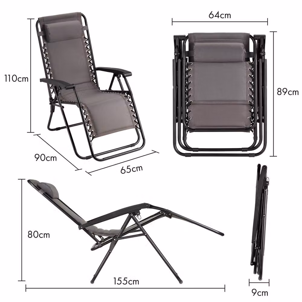 VonHaus Verona Set of 2 Padded Folding Zero Gravity Garden Chairs in Grey with Adjustable Headrest – 4