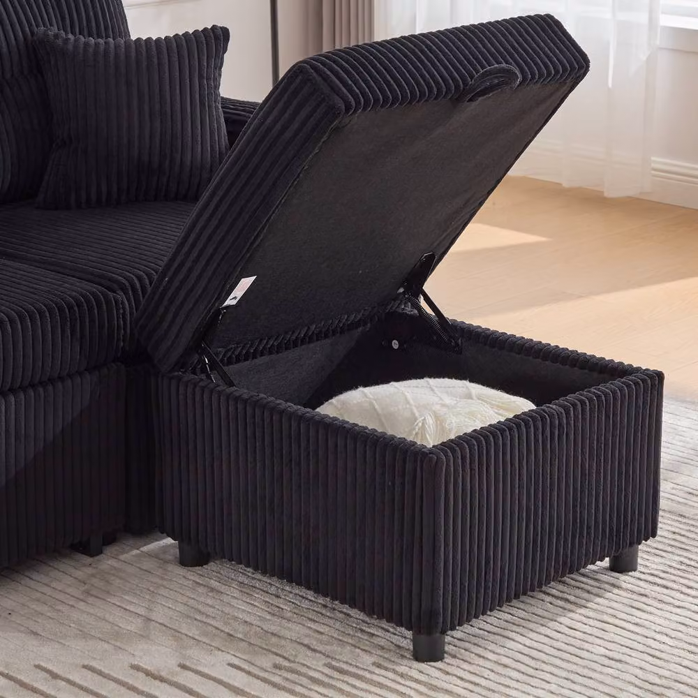 FENCHILIN 3 Seater Pull-out Sofa Bed in Black with Hidden Storage, LED Lighting and USB Charging – 6