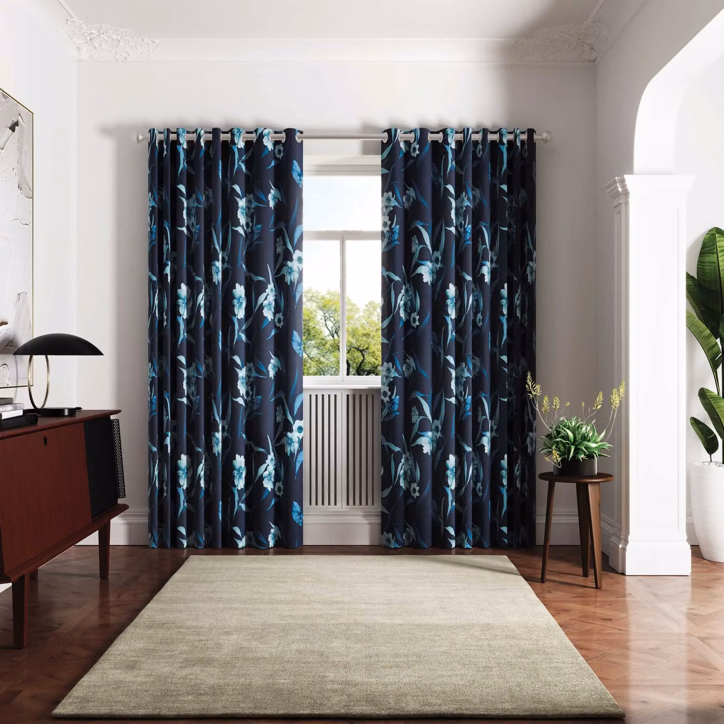 Ted Baker Cabana Cotton Lined Floral Eyelet Curtains in Blue and Silver, Width: 167.64 cm, Drop: 228.6 cm – 2