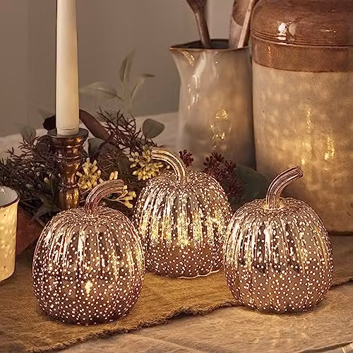 Lights4fun Set of 3 Gold Mottled Glass LED Light Up Pumpkins for Autumn and Halloween Decoration – 3