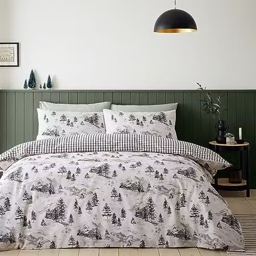 Catherine Lansfield Alpine Village Double Duvet Cover Set with Pillowcases, Brushed Cotton Flannelette, Beige, Duvet Cover: 200 x 200 cm, Pillowcases: 50 x 75 cm