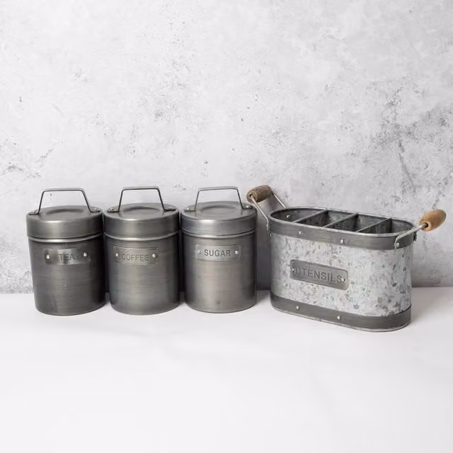 KitchenCrafts 4-Piece Galvanised Metal Utensil Holder and Storage Canister Set with Compartments, Grey