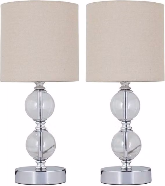 First Choice Lighting Set of 2 Chrome Two Ball Table Lamps with Beige Linen Shades in Silver