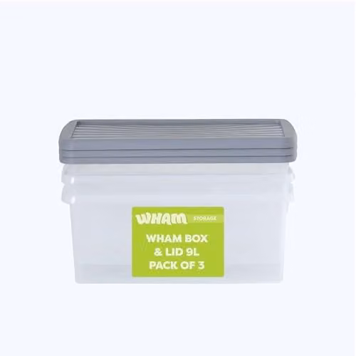 Wham Stackable Plastic Storage Boxes with Lids and Handles, 3 x 9L, Transparent/Silver – 1