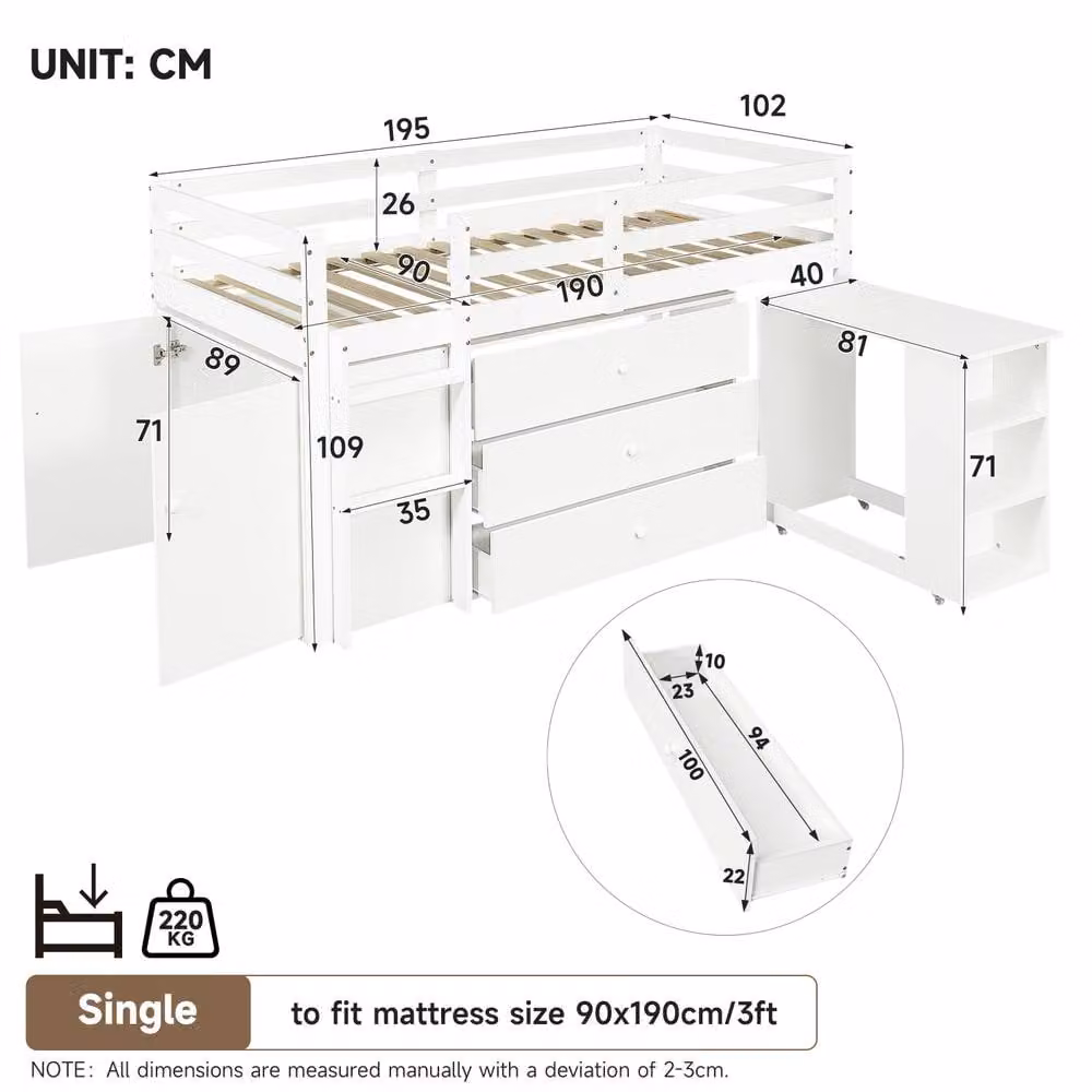 Matteo Single Wooden Mid Sleeper Cabin Bed with Drawers, White, W/D/H: 90 x 190 cm – 2