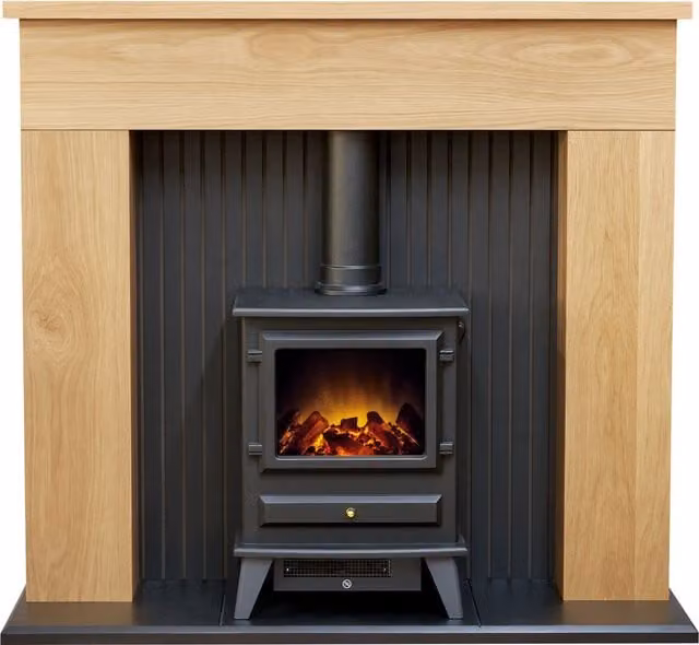 Adam Fires & Fireplaces Innsbruck Stove Fireplace in Light Oak with Black Hudson Electric Stove, W: 114.3 cm – 1
