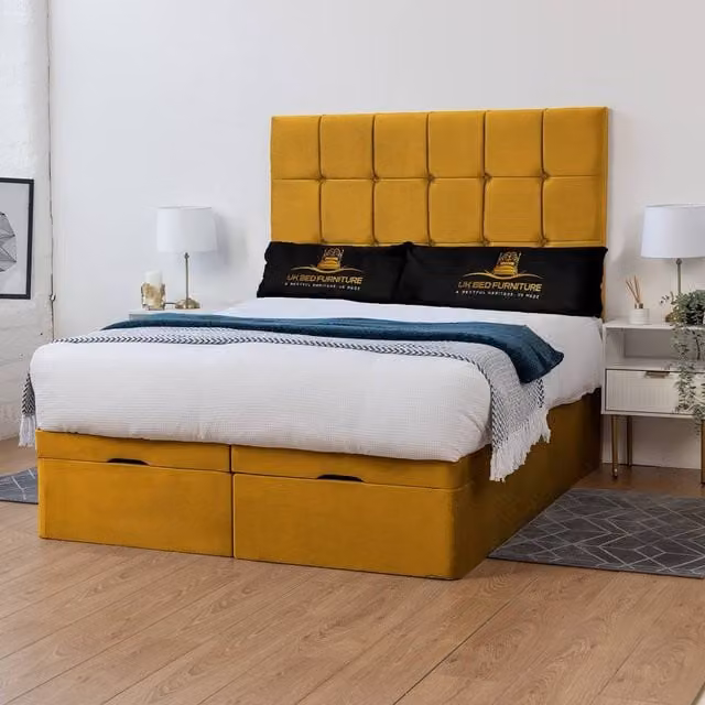 UK Bed Furniture Florence Mustard Yellow Velvet Upholstered Ottoman Storage Divan Bed with End Lift and 54 Inch Headboard, W/D/H: 180 x 200 cm