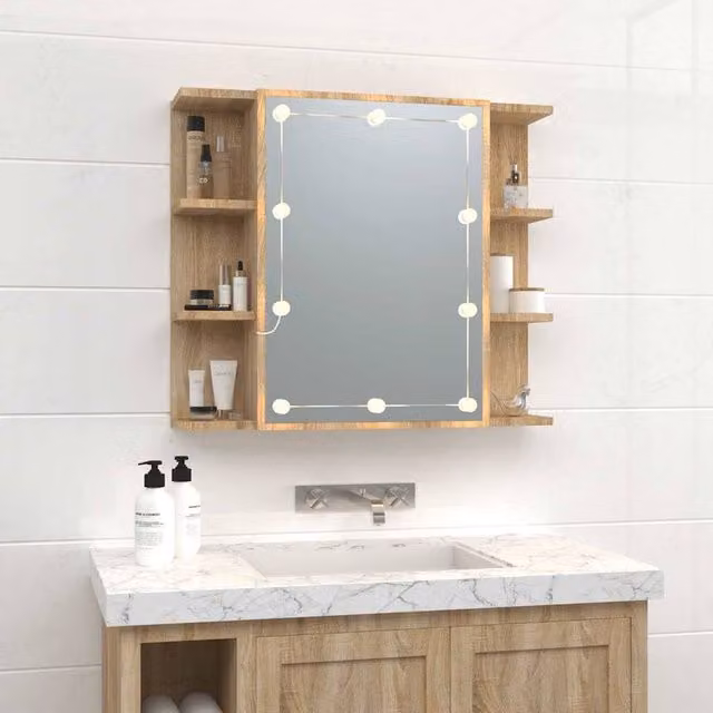 Berkfield Home LED Mirror Cabinet in Sonoma Oak Brown, W/D/H: 70 x 16.5 x 60 cm
