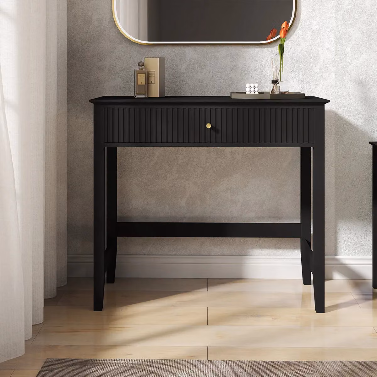 Melody Maison Hales Black Modern Dressing Table, Stool and Pair of 3 Drawer Bedside Tables in Black and Gold – 3