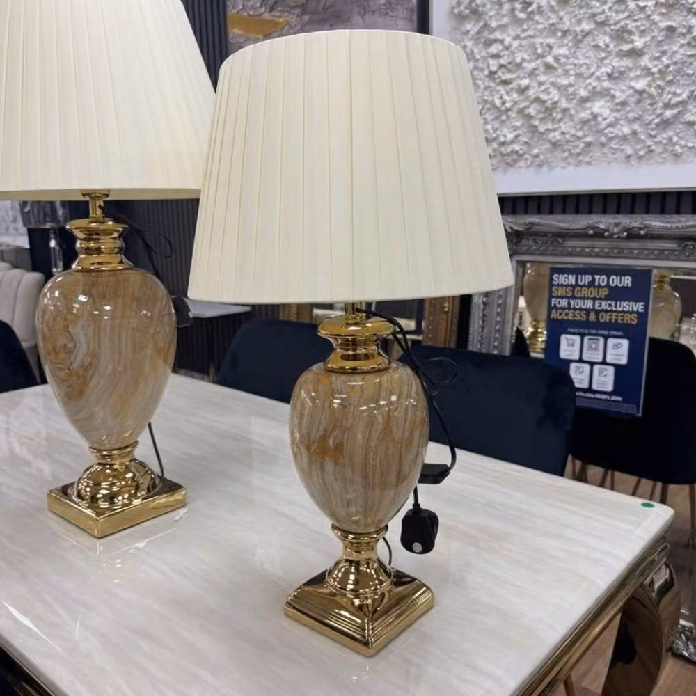 HOME LUXE INTERIOR Medium Marble Table Lamp in Beige and Gold with Pleated Fabric Shade, Height: 61 cm – 6