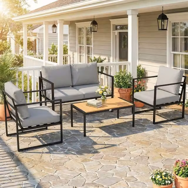 Outsunny 4 Piece Modern Grey Metal Outdoor Garden Furniture Set with Slatted Table