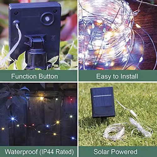GardenKraft Solar Powered Multicoloured Micro LED Outdoor String Lights with Silver Cord and IP44 Weatherproof Rating – 3