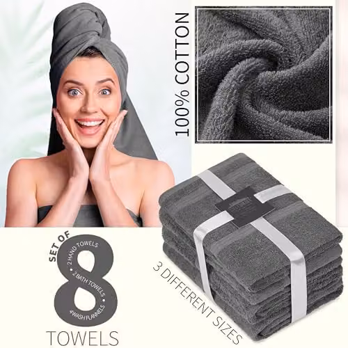 CityComfort 8-Piece Cotton Towel Set in Grey, 550GSM Highly Absorbent and Quick Drying – 3