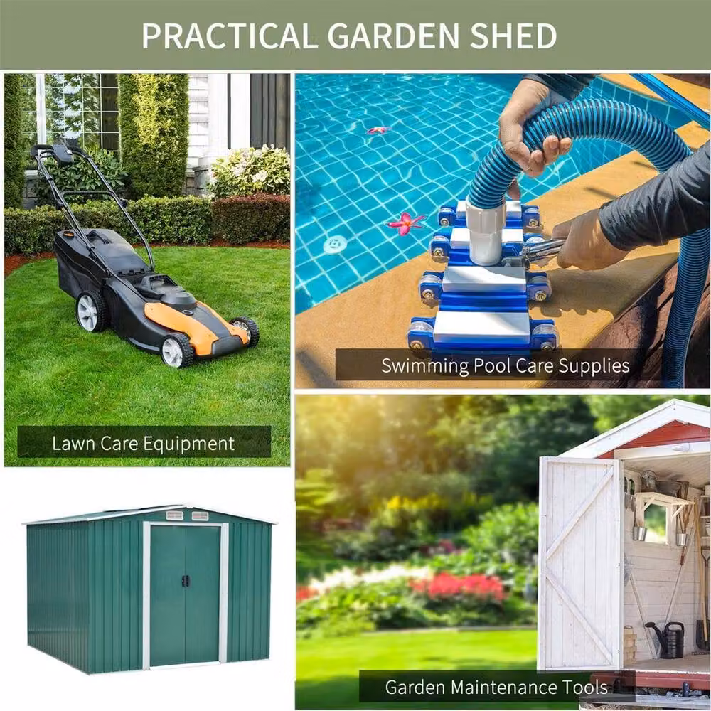 FLAVORA Green Metal Garden Shed with Double Doors and Gable Roof – 4