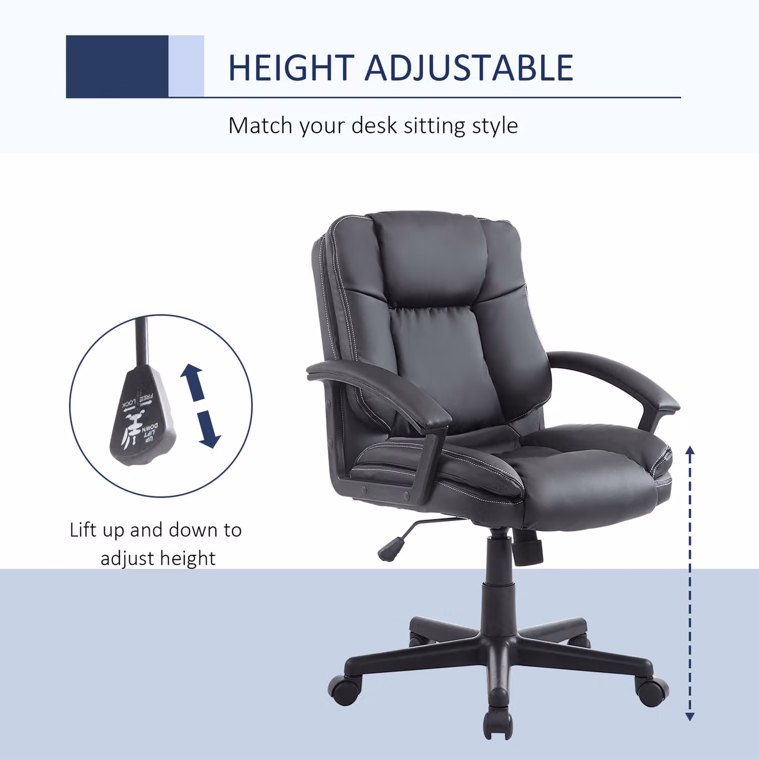 HOMCOM Executive Mid-Back Office Chair in Black Faux Leather with Armrests and Silent Castors – 6