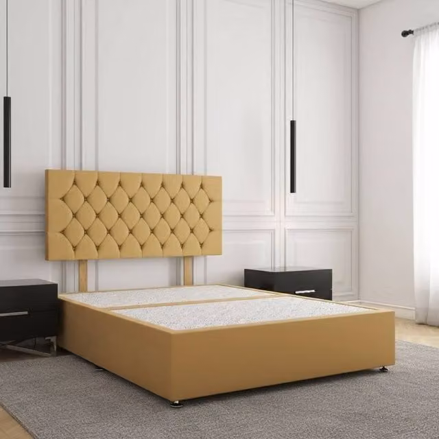 Regional Furnishings Upholstered Plush Velvet Divan Bed with 24 inch Headboard in Yellow, Size: Double (W/D/H: 140 x 200 cm)
