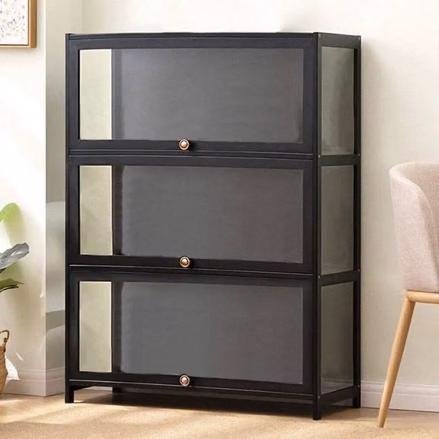 FORGEVIO 3-Tier Black Bamboo and Acrylic Storage Display Cabinet with Glass Doors