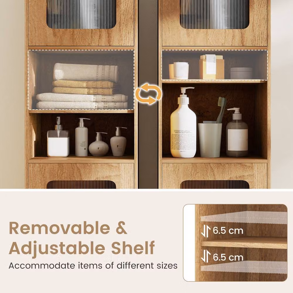 Gymax Modern Freestanding Tall Bathroom Storage Cabinet with Glass Doors and Internal Shelves in Brown Wood Finish – 5