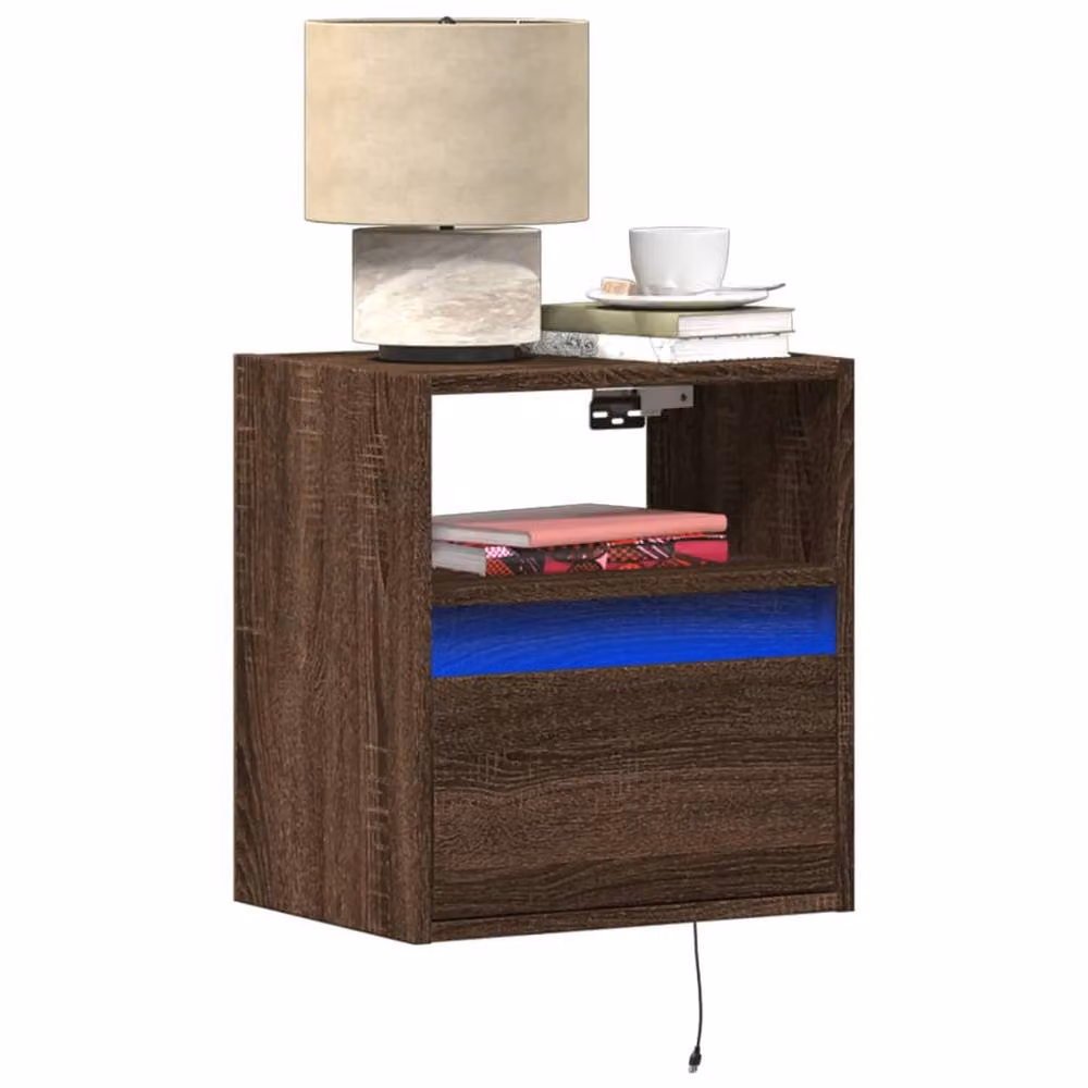 Berkfield Home Wall-mounted Bedside Cabinet with Integrated LED Lights, Brown Oak – 2