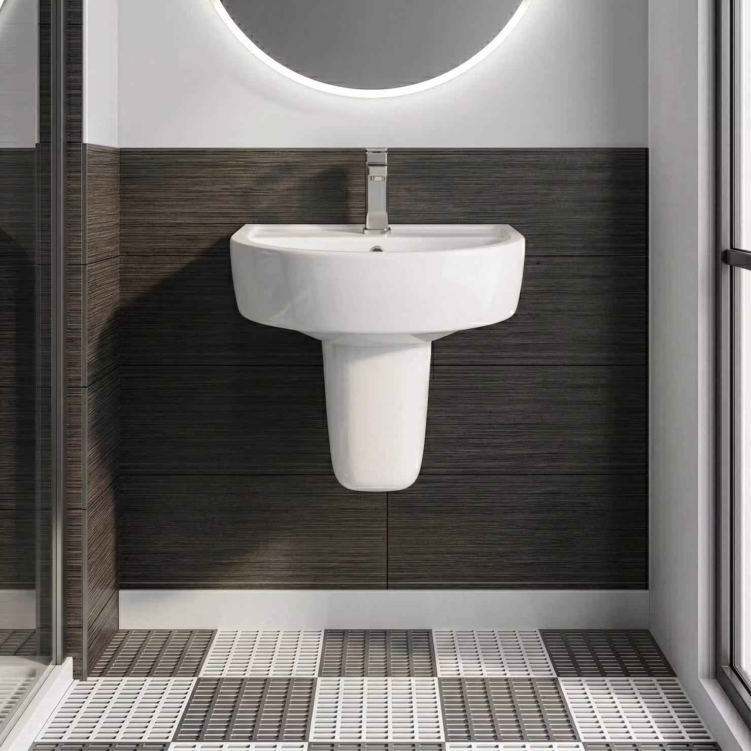 Balterley D-Shaped Ceramic Wall Hung Basin with Semi Pedestal, 1 Tap Hole, White, W: 42 cm, D: 38 cm, H: 45 cm – 3