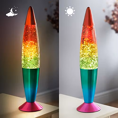 Global Gizmos 48639 Rainbow Glitter Retro Mood Lamp in Multicolour and Chrome, H: 40.64 cm – 2