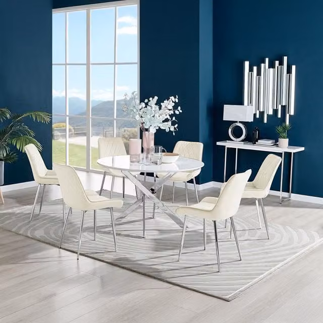 FurnitureboxUK Novara White High Gloss Round Dining Table with 6 Pesaro Silver Chairs in Cream, Diameter: 120 cm