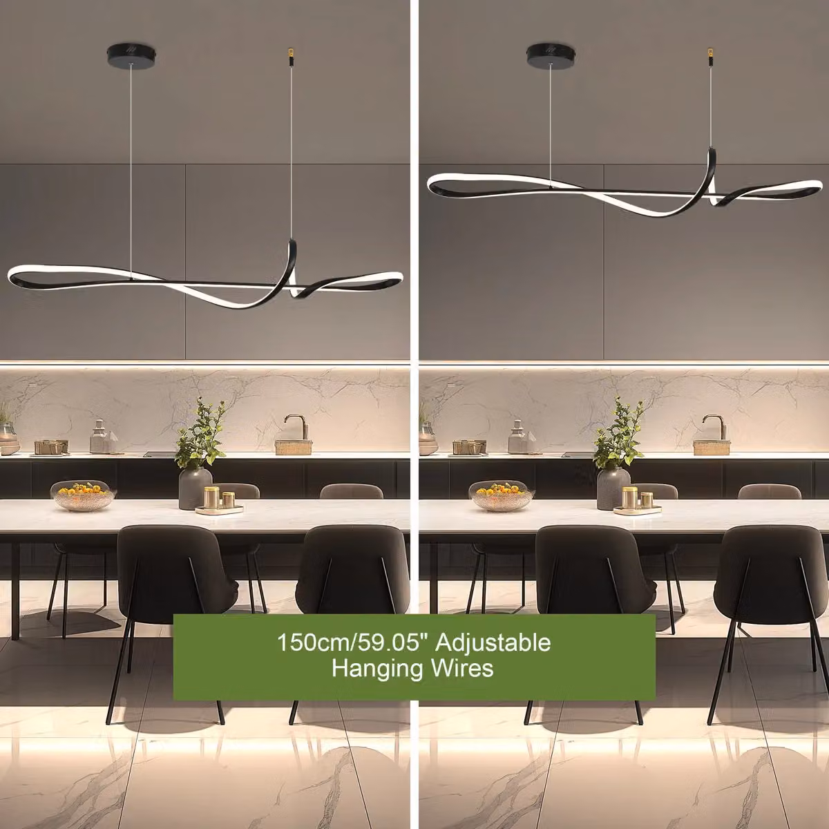 Garwarm Modern Black Linear LED Kitchen Island Pendant Light, Dimmable and Height Adjustable – 2