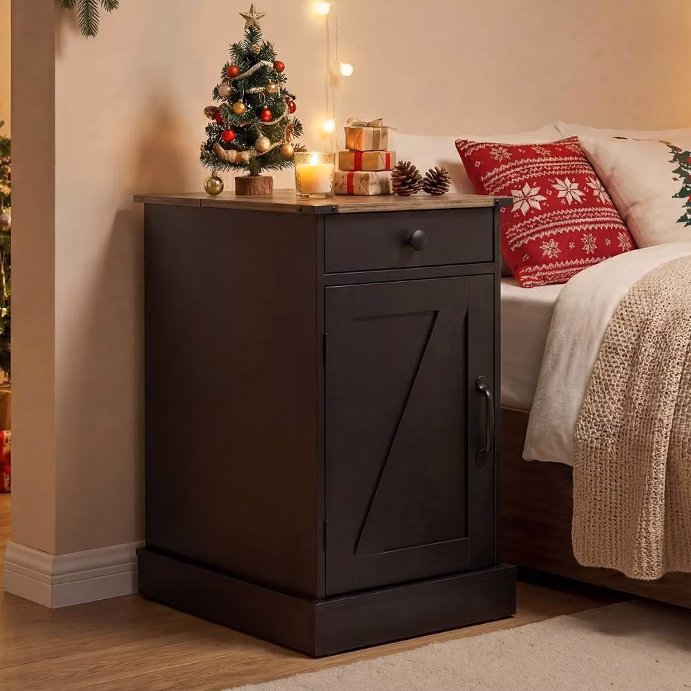 Gymax Farmhouse End Table with Charging Station and Cabinet in Black – 2